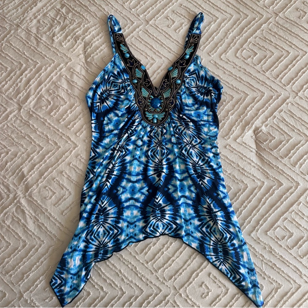 Vintage Venus blue tie-dye asymmetrical top with beaded details